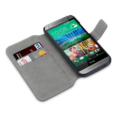 Caja delgada negra del teléfono celular de HTC de la cartera del cuero de la PU con el portatarjetas para HTC uno mini 2