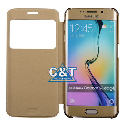 Cubierta protectora de cuero a prueba de choques de la PU de la visión del tirón único de la ventana, casos del borde de Samsung S6