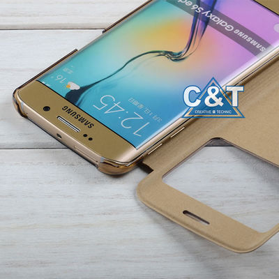 Cubierta protectora de cuero a prueba de choques de la PU de la visión del tirón único de la ventana, casos del borde de Samsung S6